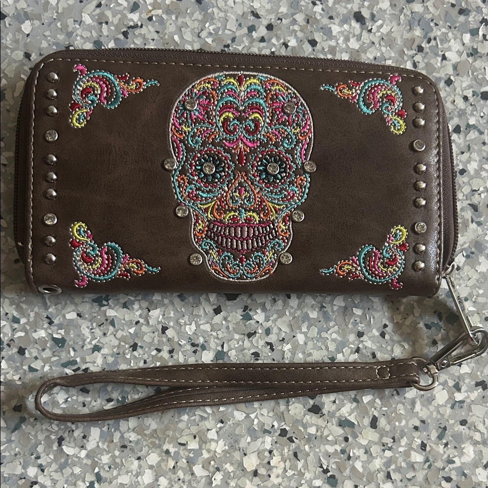 AB Studio Brown Embroidered Skull Wristlet